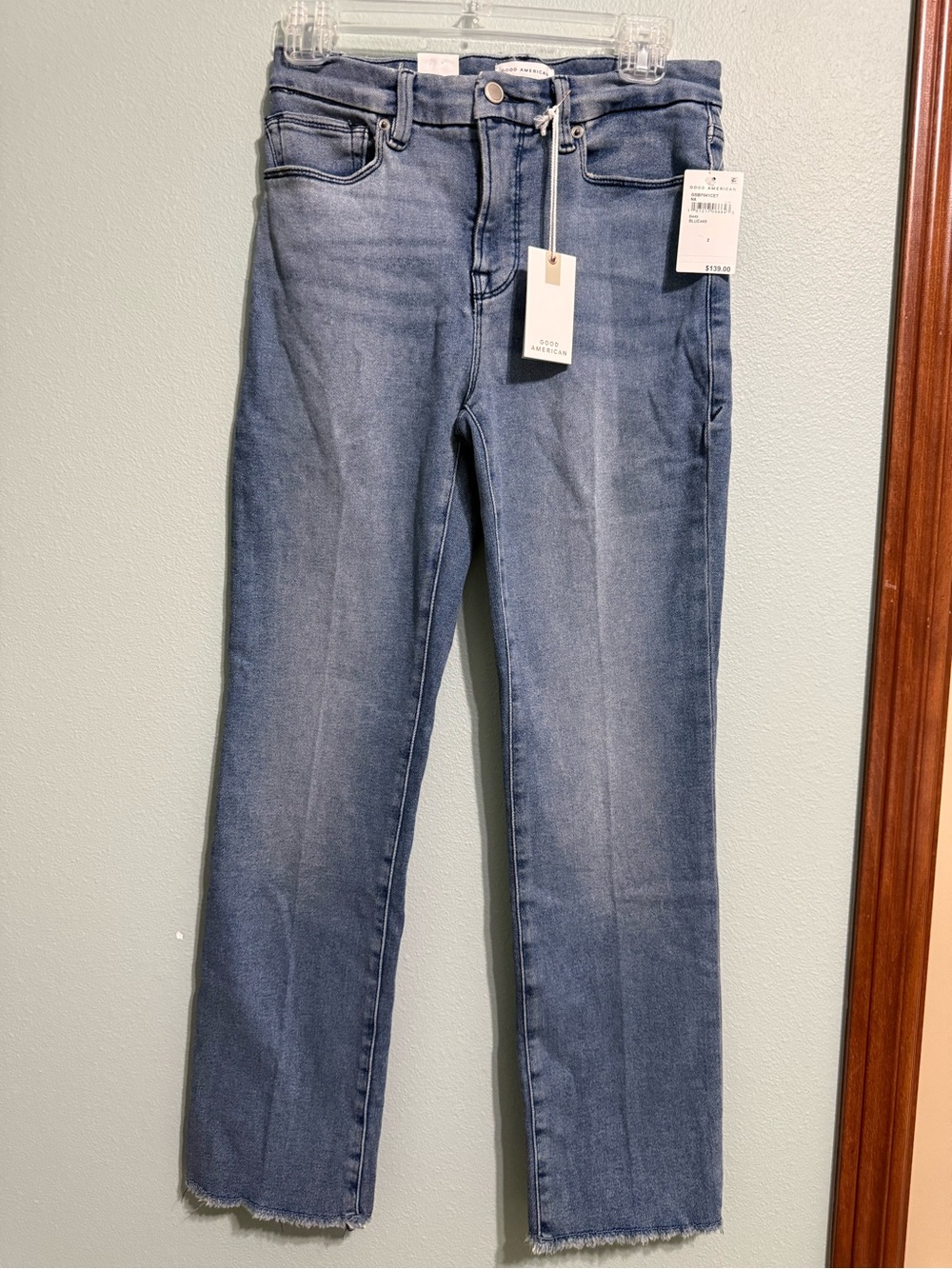 Good American Women's High Rise Straight Jeans Medium Wash Blue Denim Stretch 2